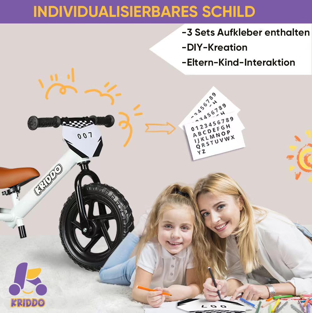 KRIDDO Kinder Laufrad ab 2 Jahren, Lauflernrad Spielzeug für 18 Monate bis 5 Jahre, 12-Zoll mit individualisierbarem Schild, Geschenk Fahrrad Jungs und Mädchen, Baby Balance Bike(2-3 Jahre) | 2 Jahre alt