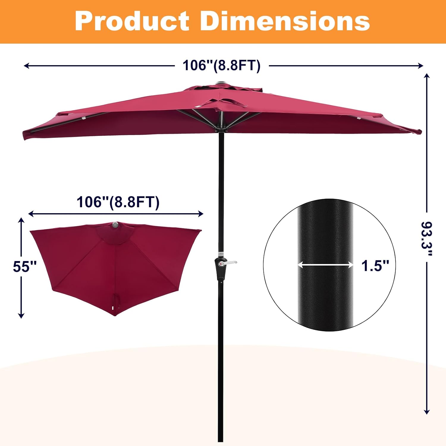 9FT Half Patio Umbrella, Outdoor Half Umbrellas with Easy Crank Lift, UV-Blocking Canopy, 5 Ribs, Fade-Resistant Fabric, Ideal for Balcony, Backyard, Garden, Apartments & Deck