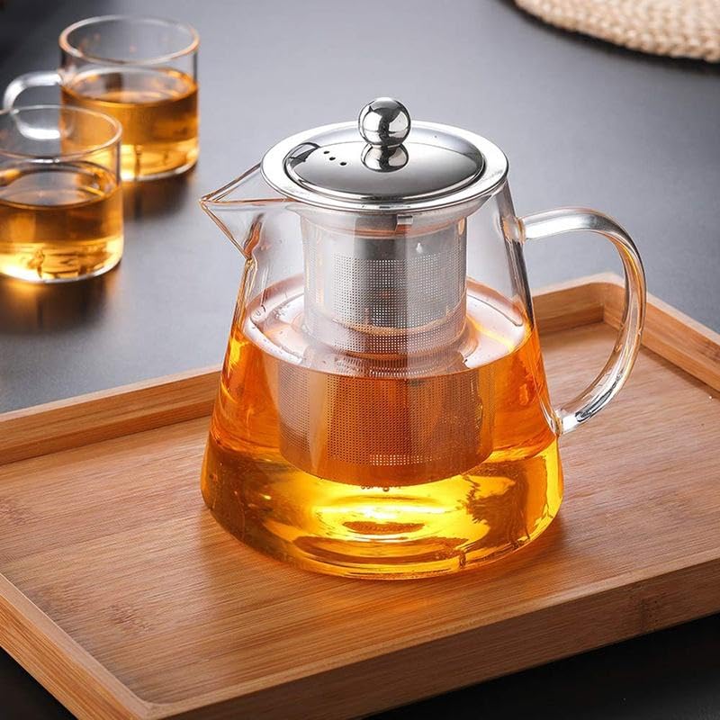 ZROY Enterprise Borosilicate Round Glass Tea Pot 500ml with Heat Resistant Stainless Steel Infuser Perfect for Tea and Coffee Maker, Clear Glass Kettle (Conical 450ML)