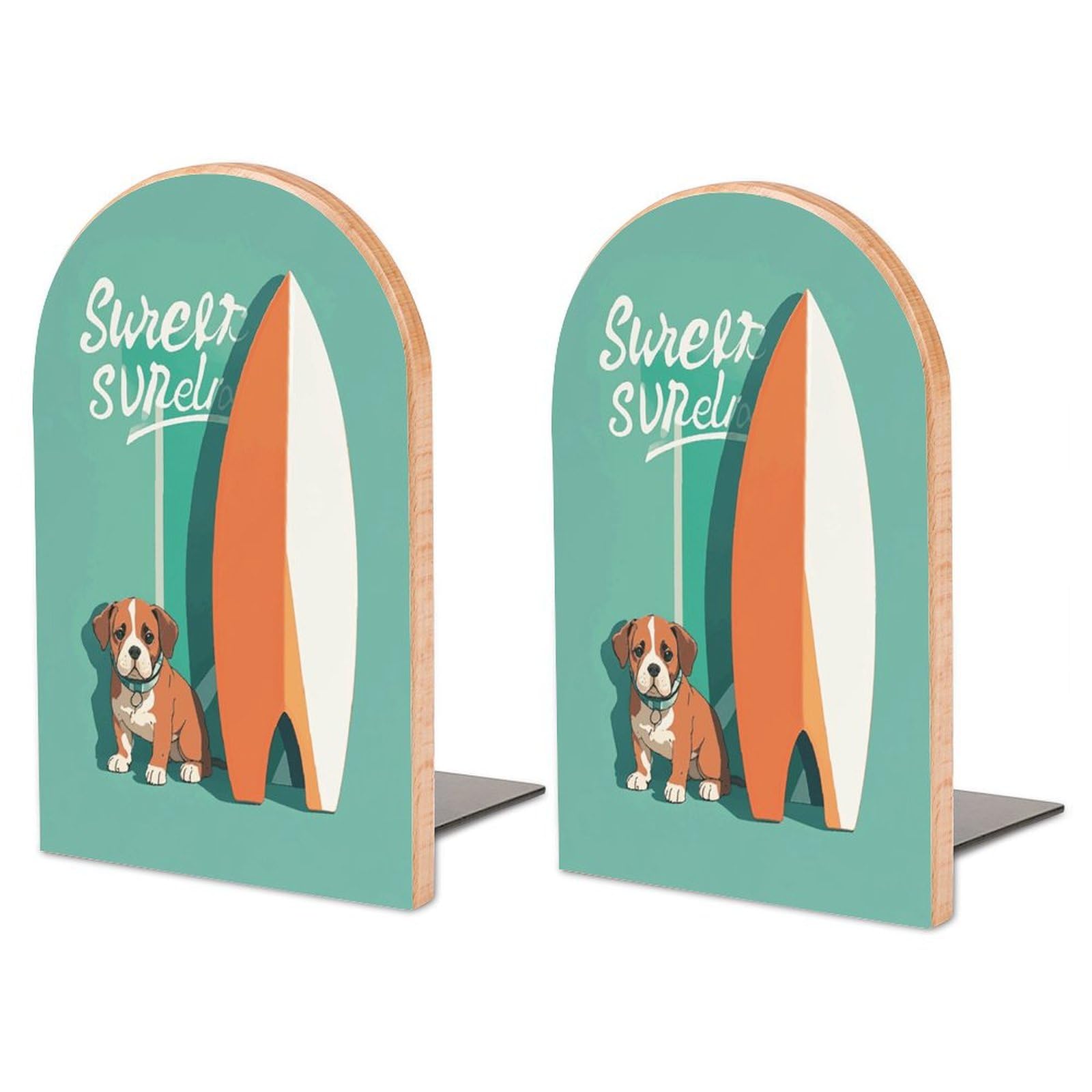 Serre-livres en bois chiot et planche de surf - Paire de cales 17x12 cm pour chambre enfant