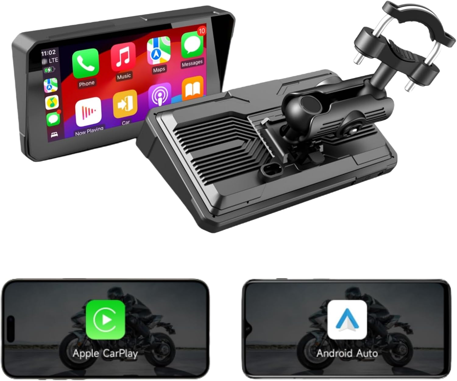 Motorcycle Smart Display with CarPlay and Android Auto, 6-Inch 2K HD Screen, IPX8 Waterproof, GPS Navigation, Wide Angle Recording, Handlebar Mount，Loop Recording, 64GB Card Included