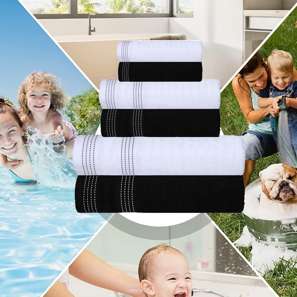 Casa Copenhagen Elegance Ensemble de serviettes 6 pièces, noir + blanc, 550 g/m², 2 serviettes de bain, 2 essuie-mains, 2 débarbouillettes en coton égyptien doux pour salle de bain, cuisine et douche.