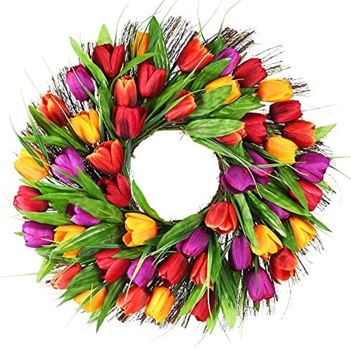 Wofair Tulip Wreath Artificial 17 Inch Tulip Wreaths for Front Door, Fake Spring Silk Flower Wreath with Green Leaves Real Sere Vines for Home Wall Wedding Office Party Fistival Welcome Decor