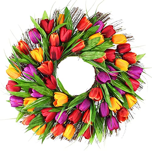 Wofair Tulip Wreath Artificial 17 Inch Tulip Wreaths for Front Door, Fake Spring Silk Flower Wreath with Green Leaves Real Sere Vines for Home Wall Wedding Office Party Fistival Welcome Decor
