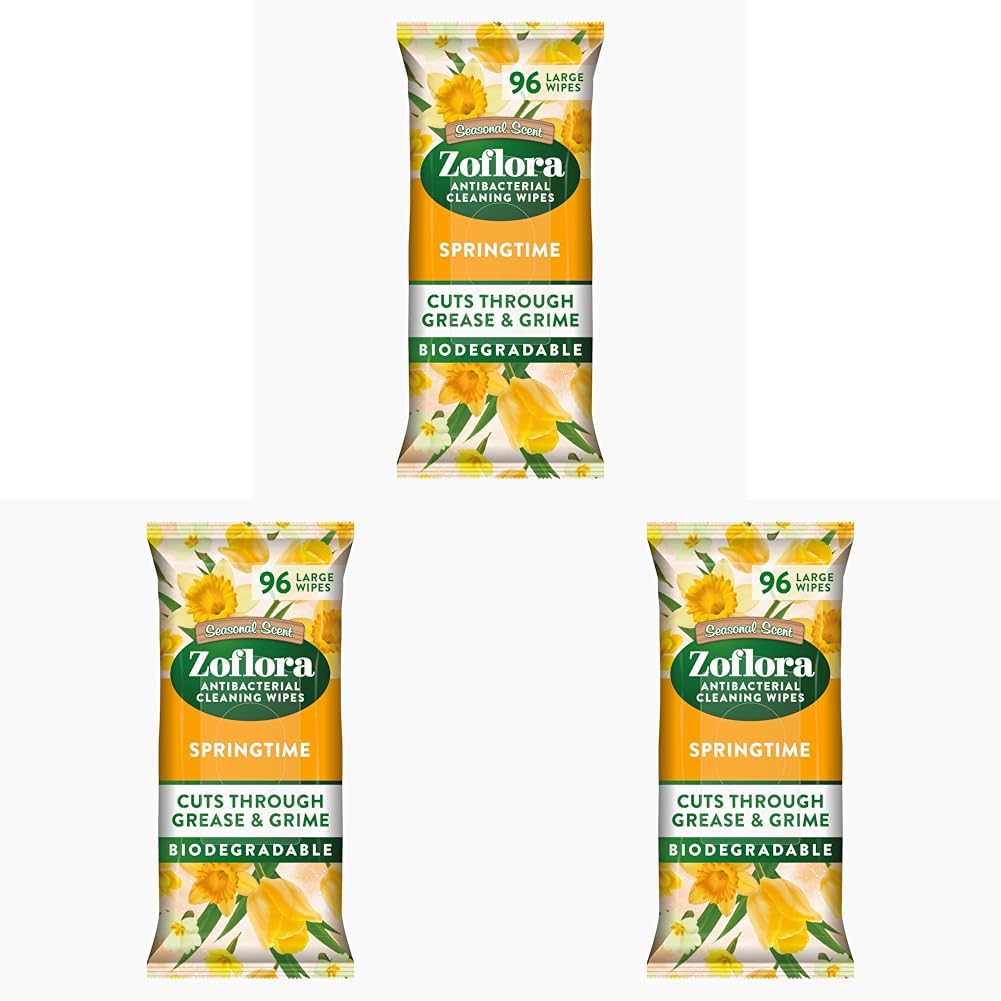 ZofloraSpringtime Biodegradable Wipes, Antibacterial Multi-surface Cleaning Wipes, Kills 99,9% of Bacteria & Viruses, Convenient, Quick Cleaning, 3 Pack (96 Sheets)