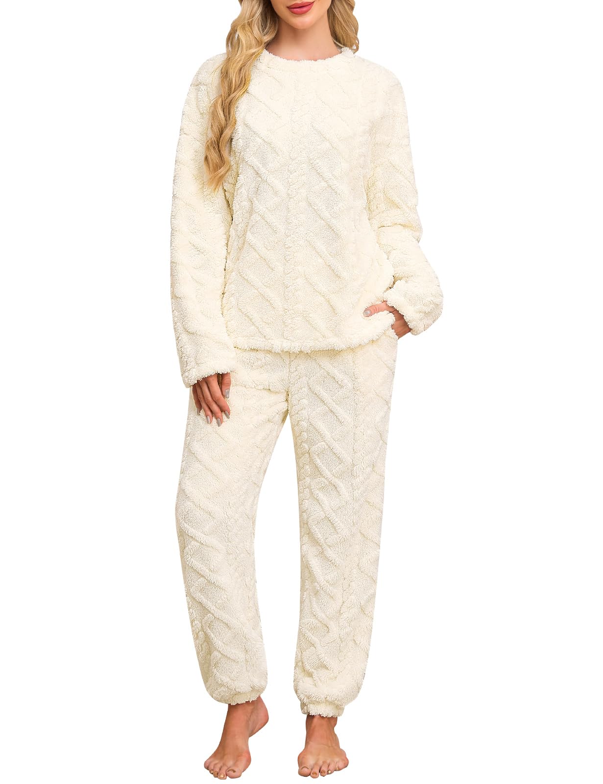 Niwicee Pyjama Femme Hiver Polaire Ensemble de Pyjama Chaud Doux Vêtements de Nuit Femme Pyjama 2 Pièces Manches Longues de Hauts Pantalon avec 2 Poches