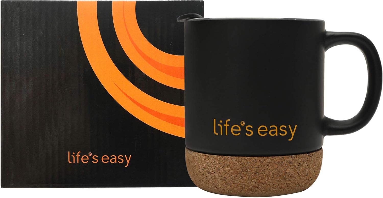 Life's Easy 12 oz Coffee Mug with Insulated Cork Bottom and Push-On Splash-Proof Lid - Black - Image 9