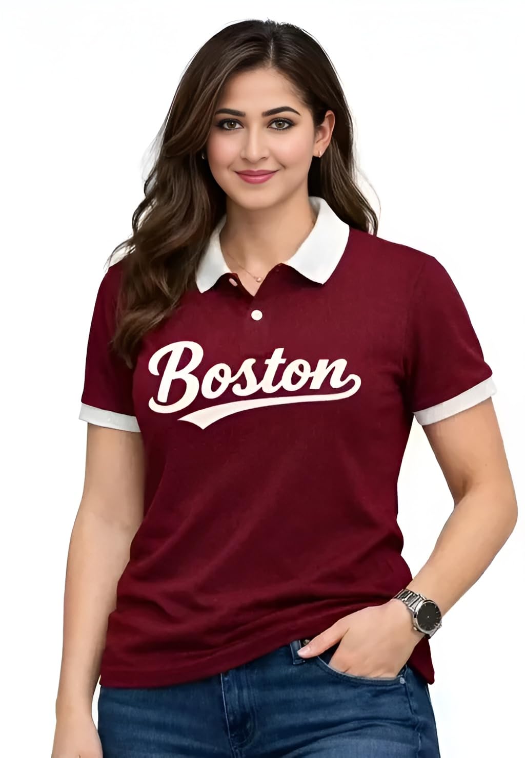 Women's Cotton Blend Polo T-Shirt with Boston Print, White with Black Collar and Sleeves-picture-56