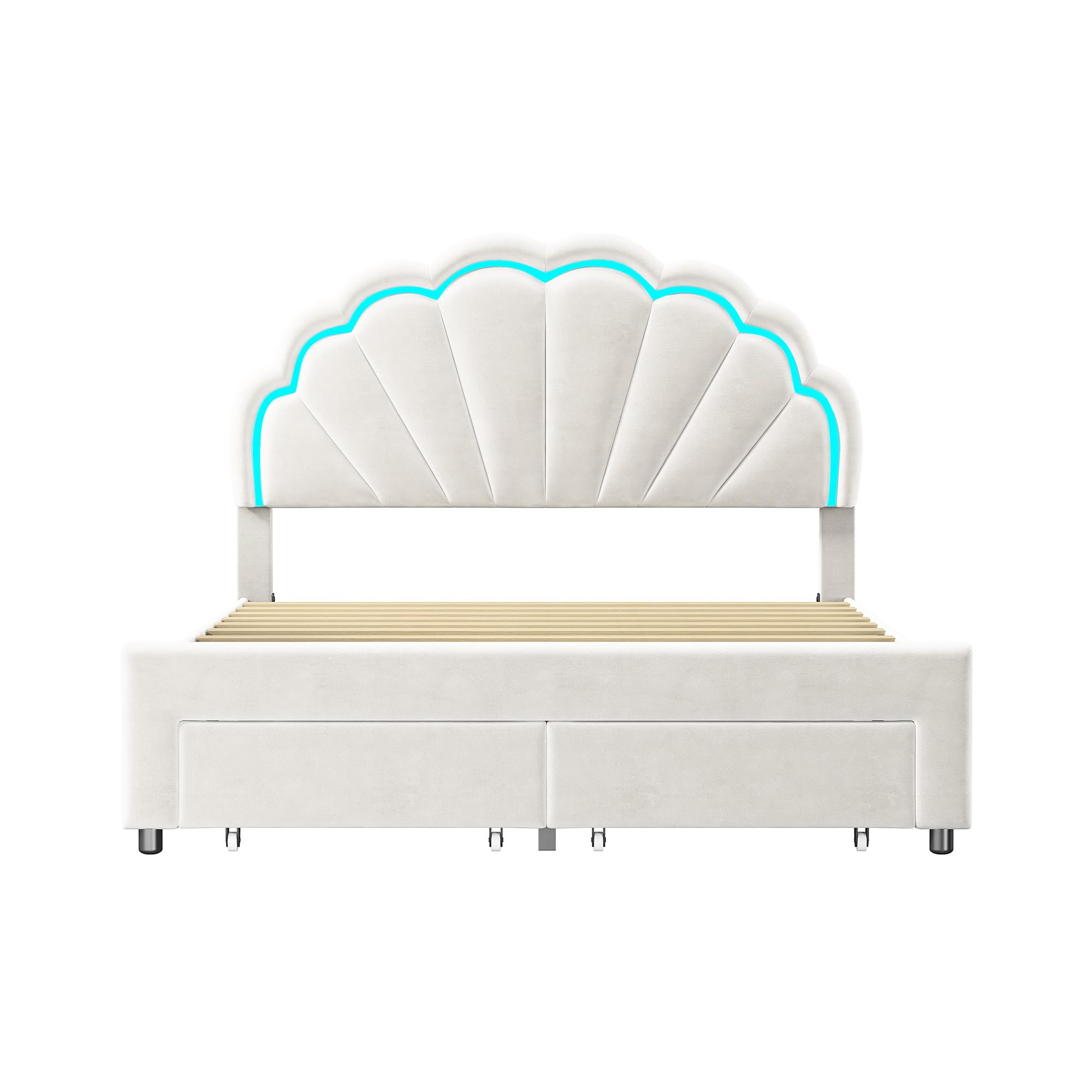 BRILVERDE Cama tapizada para niños de 140 x 200 cm, con cabecero de Flores y Base Plana para Pasta, Cama para niña con Tela de Terciopelo Agradable al Tacto, sin colchón (Blanco+Cajones, 140x200)