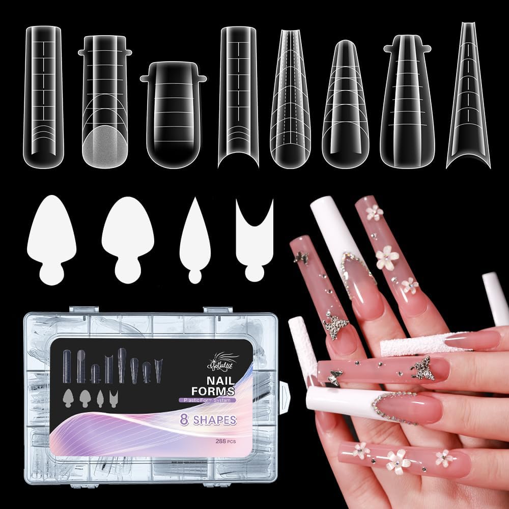 Nail Double Shapes for Polygel, 288 Pieces, French Nail Shapes, 8 Shapes, 12 Sizes, Transparent Poly Gel Nail Shapes for DIY Nail Extension Kit for Salon Quality Manicure