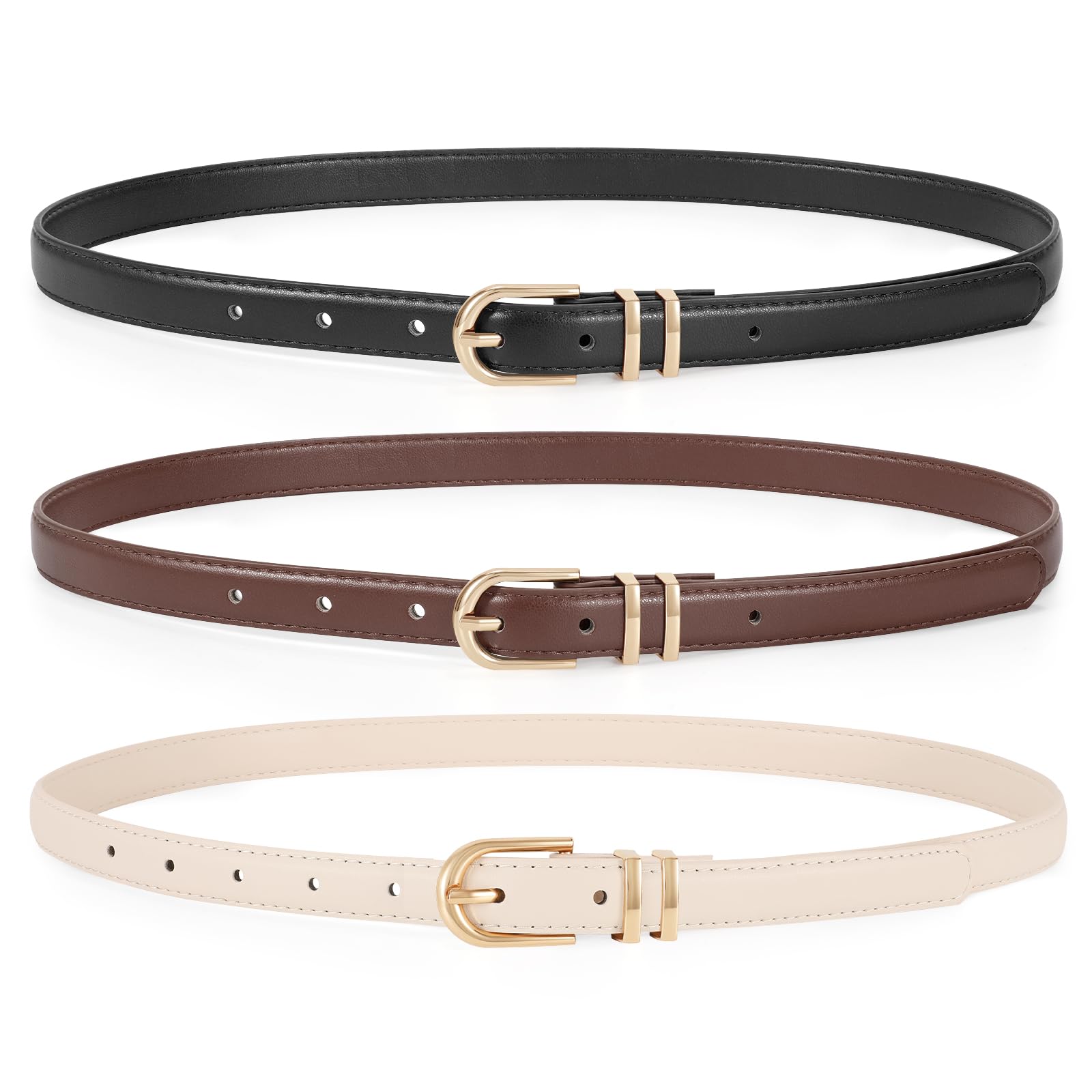 JASGOOD 3 Pack Womens Skinny Leather Belt for Jeans Thin Leather Fashion Ladies Waist Belt with Gold Buckle for Dress Pants