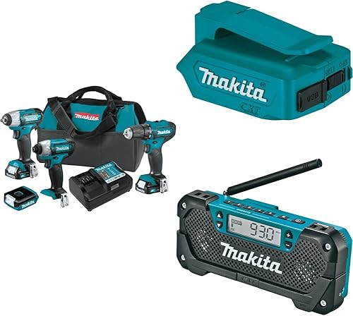 Makita CT411 12V max CXT - Kit combinado inalámbrico de iones de litio de 4 piezas (1.5Ah), ADP06 12V max CXT fuente de alimentación inalámbrica de