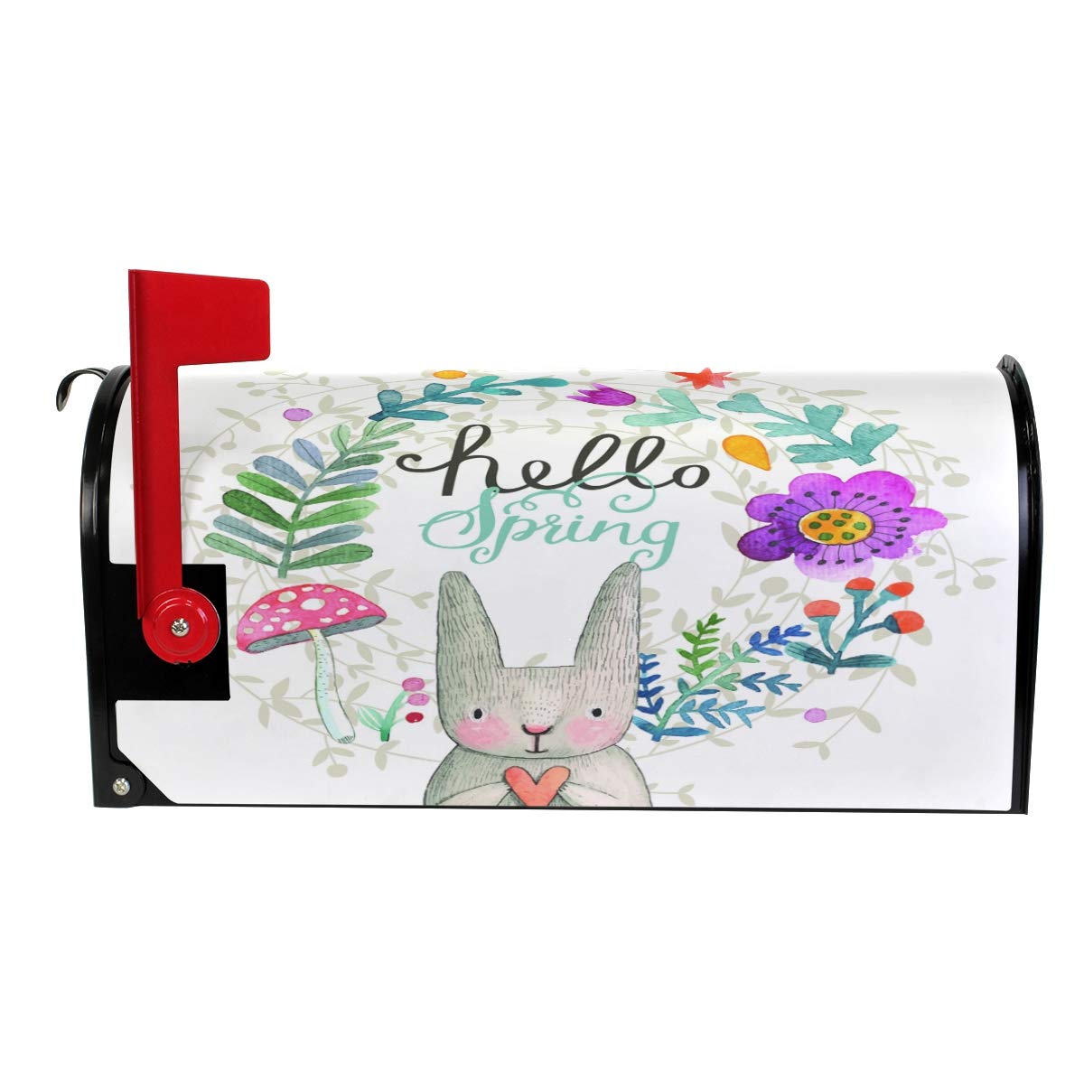 WOOR Hello Spring Cute Rabbit with Flowers Easter Magnetic Mailbox Cover MailWraps Garden Yard Home Decor for Outdoor Standard Size-18