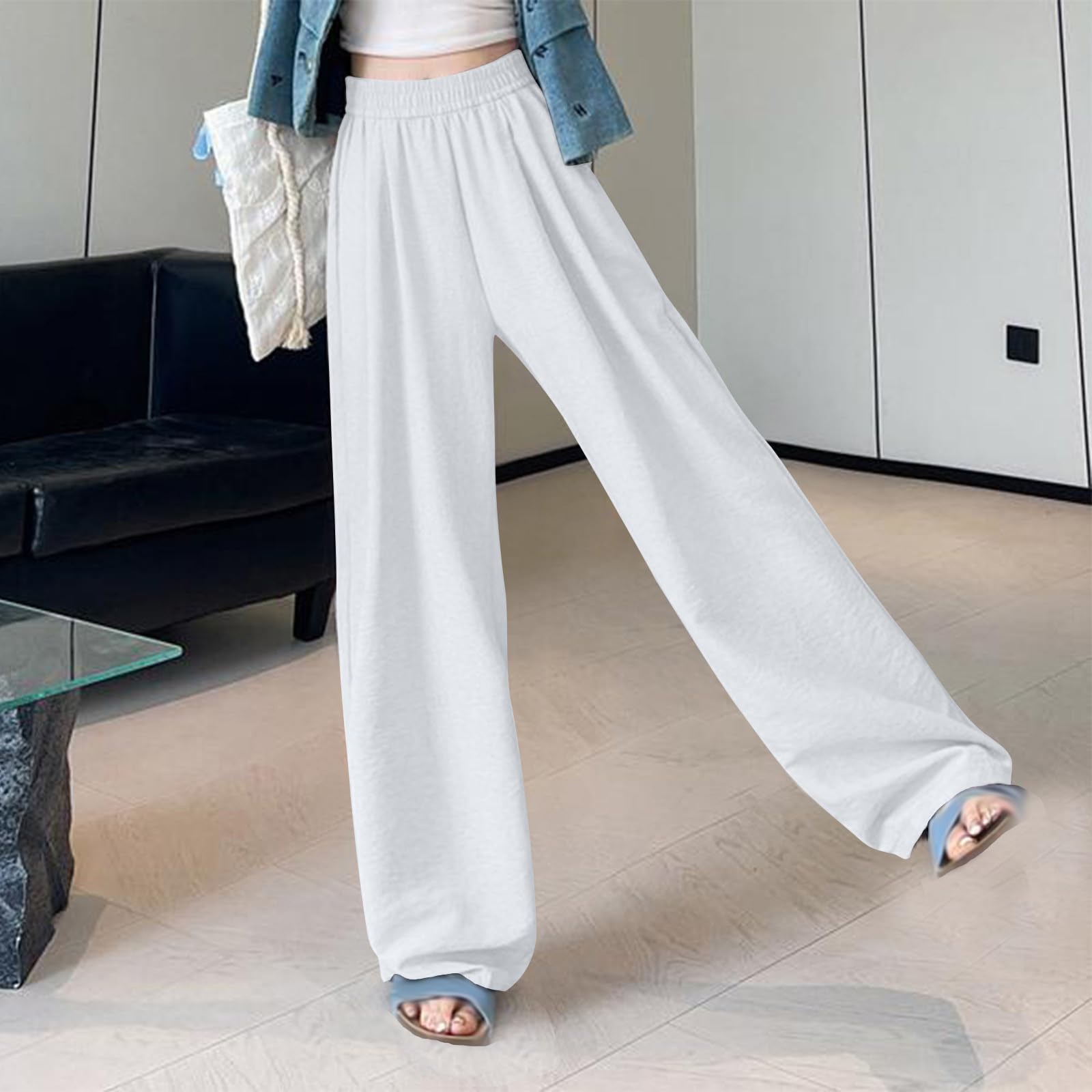 Women Trendy Palazzo Pants 2025 High Waist Lounge Wide Leg Pant Summer Casual Boho Trousers Travel Vacation Outfits(White,Medium)