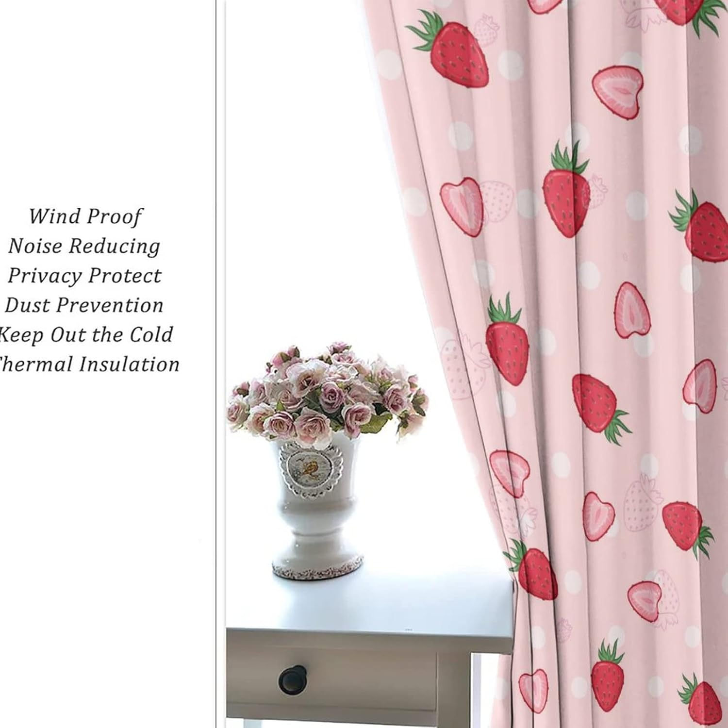 Pink Red Strawberry Curtains for Bedroom - Girls Cartoon Cute Fruit Strawberry Print Window Drapes,Energy Saving Blackout Grommet Curtains 2 Panels 63L x 21W