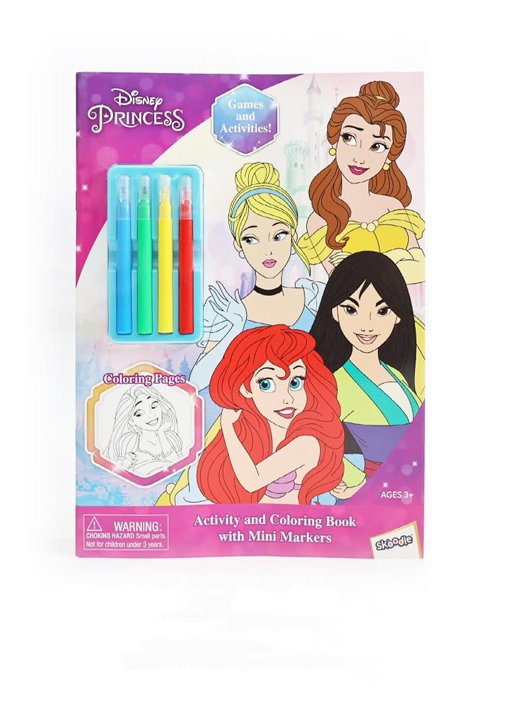 SKOODLE Disney Coloring Activity Books for 3-6 years Kids with 4-Colour Mini Markers Set Educational Toys Birthday Gifts School Goodie Bags Stuffers Travel Essentials(Disney Princess)