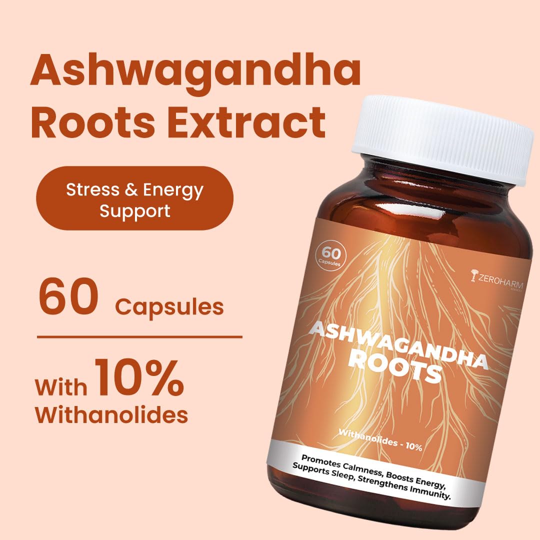 ZEROHARM Nano Ashwagandha Root Capsules with 10% Withanolides | Pure Root Extract | Supports Stress Relief, Deep Sleep & Natural Focus, Strength, Clarity | Adaptogenic for Men & Women | 60 Capsules — Amazon image 2