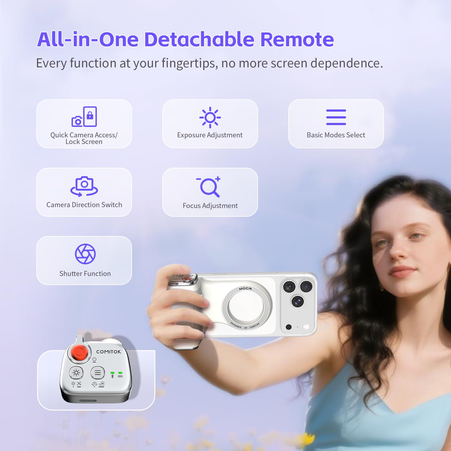COMITOK MOCA - Soporte de trípode para teléfono con ventosa para iPhone 17 con iOS 26, accesorio de disparo con control remoto desmontable, interruptor horizontal y vertical, soporte de teléfono para