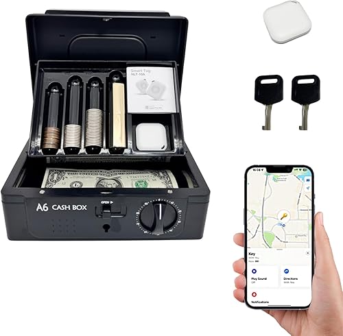 Caja de efectivo con cerradura, con sistema de seguimiento y doble bloqueo, caja de dinero con bandeja de efectivo, caja fuerte con llave, bolsa de