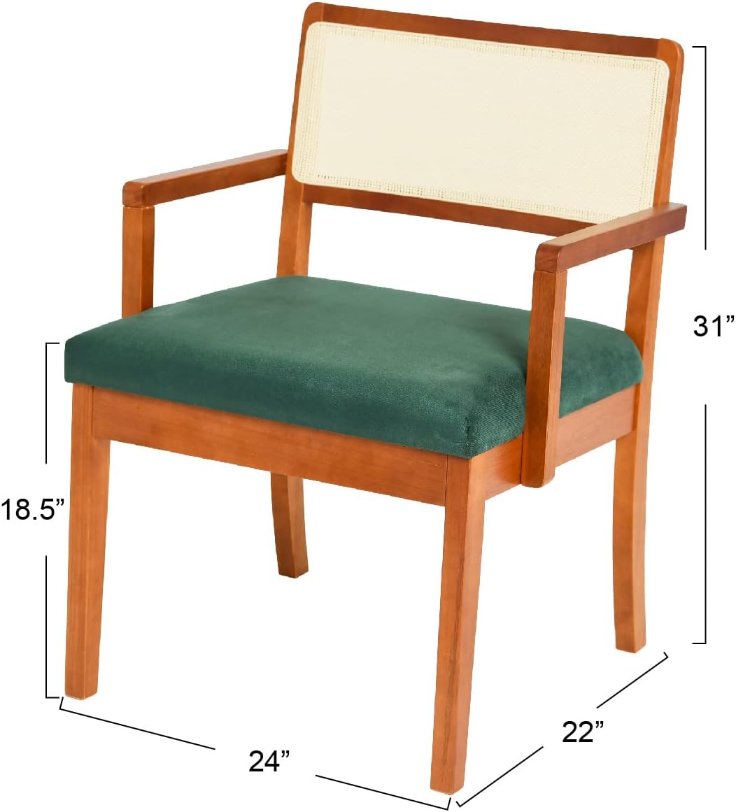 Creative Co-Op Crawford Mid Century Modern Solid Wood Arm Chair with Woven Cane Back and Velvet Upholstered Seat, Dark Green