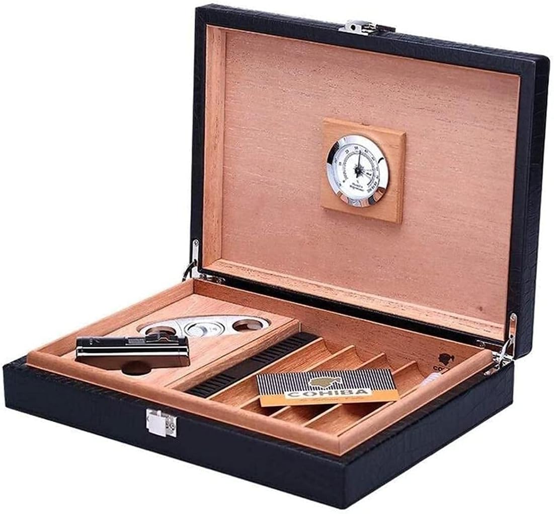 Cigars Hygrometer with Cigar Cutter and Humidifier Portable Travel Compact Cigarette Case Decorative Box
