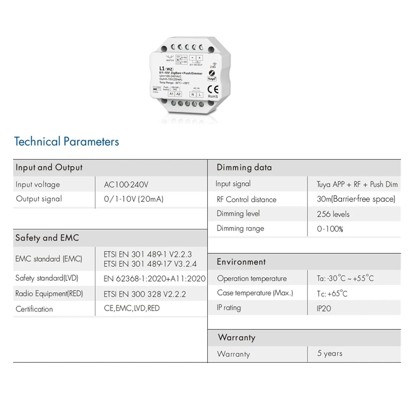 1 módulo de interruptor de atenuación LED de 0-10 V CA 100-240 V, 2.4 G, control remoto de atenuación de voz (L1 (WZ) y RT6)