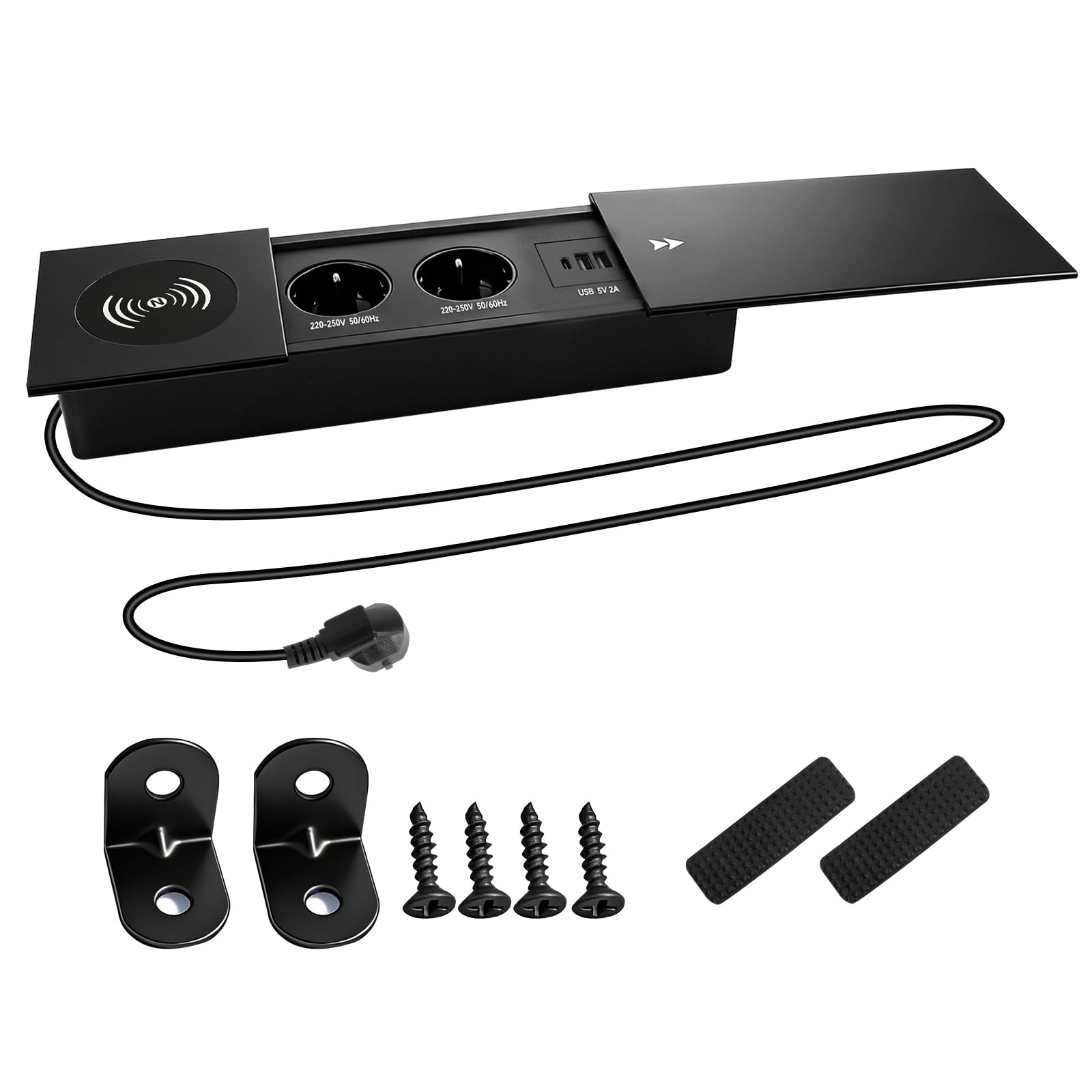 Versenkbare Steckdose, Ausziehbare 2-Fach-Steckdosenleiste mit USB-C PD 20W und 2 USB-A-Anschlüssen, Tischsteckdose mit 15W kabelloser Ladefunktion für Schreibtisch, Küche, Büro oder Couchtisch