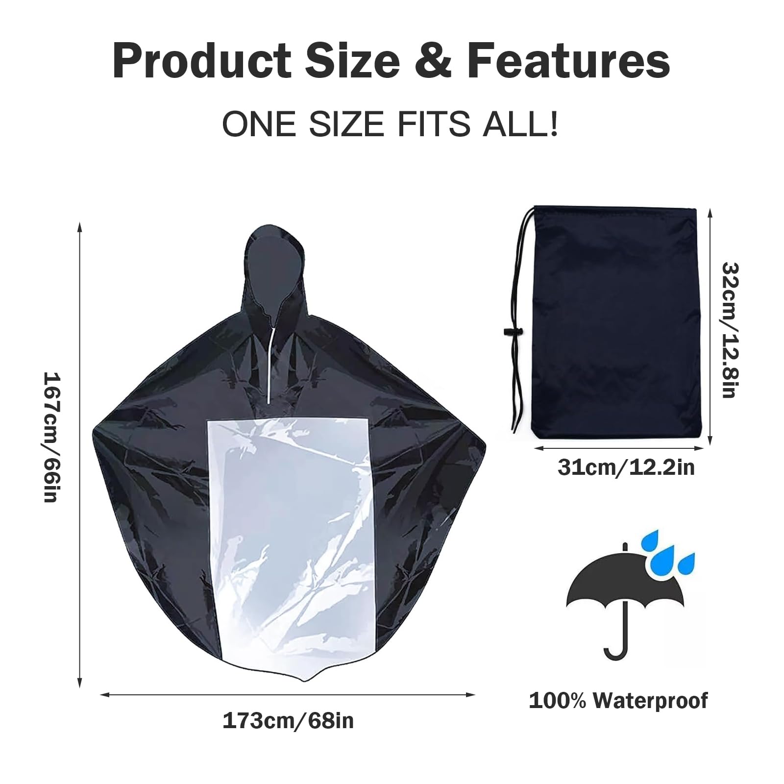 Poncho de pluie universel avec capuche et panneau transparent pour protection contre la pluie - Poncho de pluie pour camping-car, fauteuil roulant, imperméable et coupe-vent