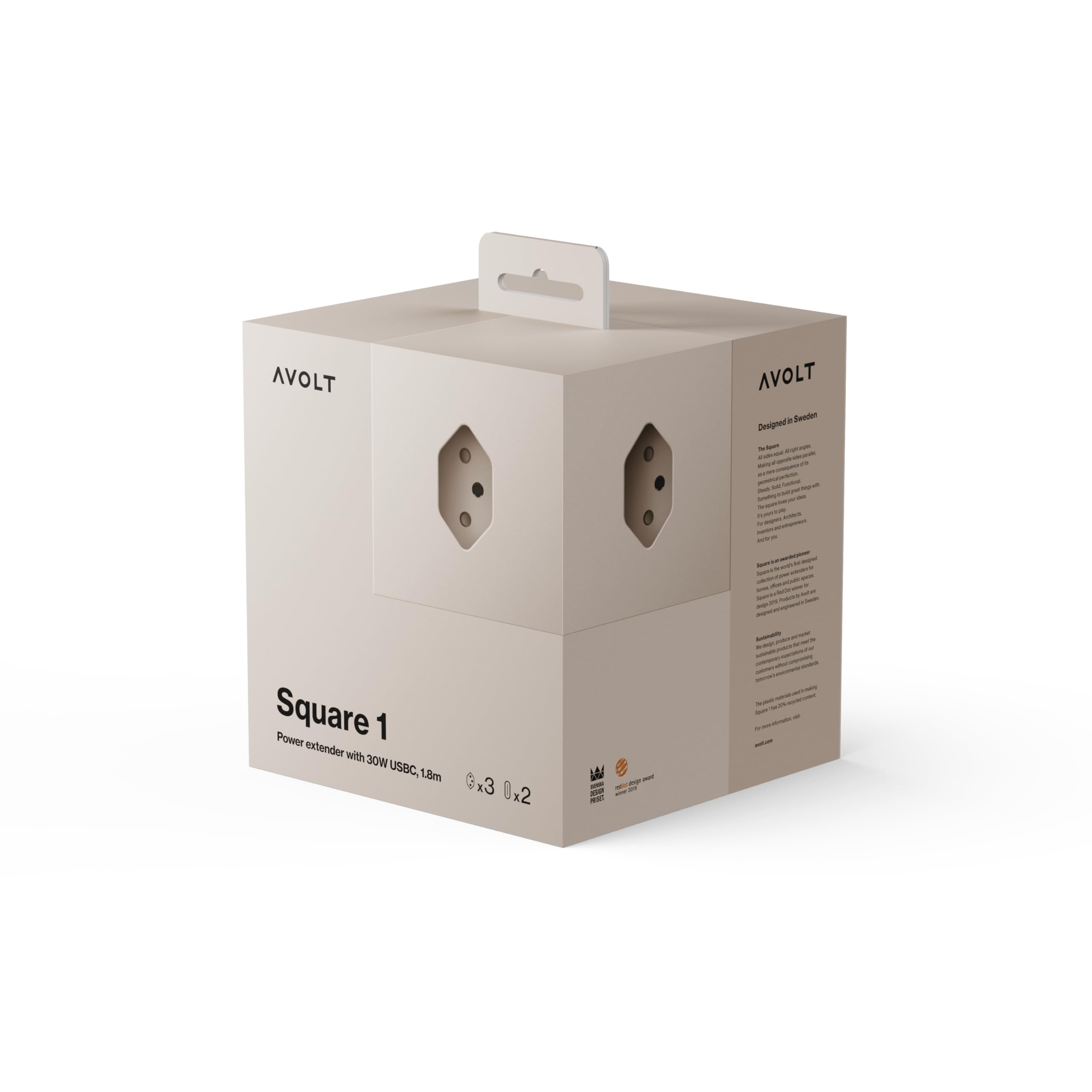 Avolt Square 1 Schweizer Mehrfachsteckdose CH Typ J, Klein, 2 USB-C 30W | Schweizer Stecker Typ J für Steckdosen in der Schweiz. Magnetfuß, Steckdosenleiste beige, 2 USB-C 30W, Design Würfel