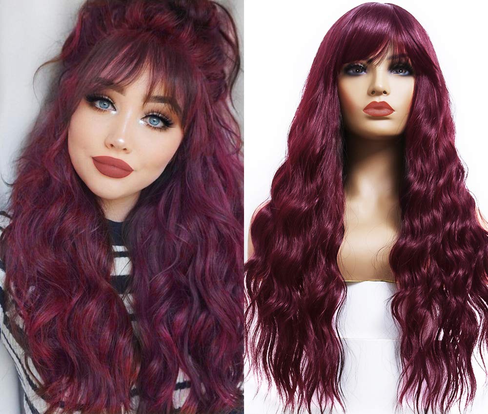 ANDRIA 13x4 HD Transparent Lace Front Wigs 26 Inch Wine Red Deep Wave with Baby Hair Pre-Plucked Glueless Burgundy 200% Density Natural Color Long Synthetic Deep Curly Wigs For Black Woman