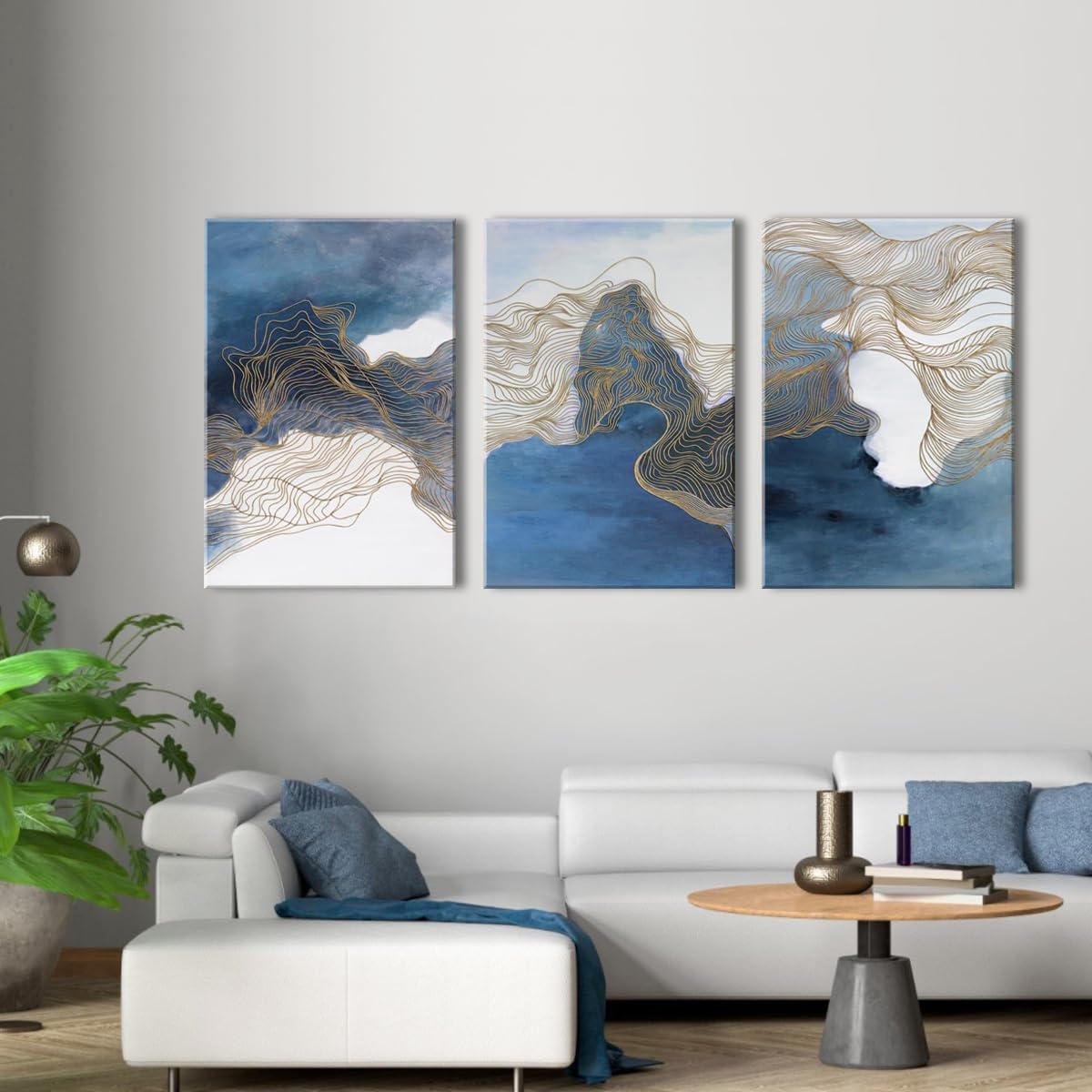 Piy Painting 3Pcs Cuadros Decorativos Salon Resumen Líneas Grande Impresiones De Lienzo Modernos Tema azul Pintura Laminas Decorativas Pared Dormitorios Quadros Decoração Pasillo Oficina 57x40cm