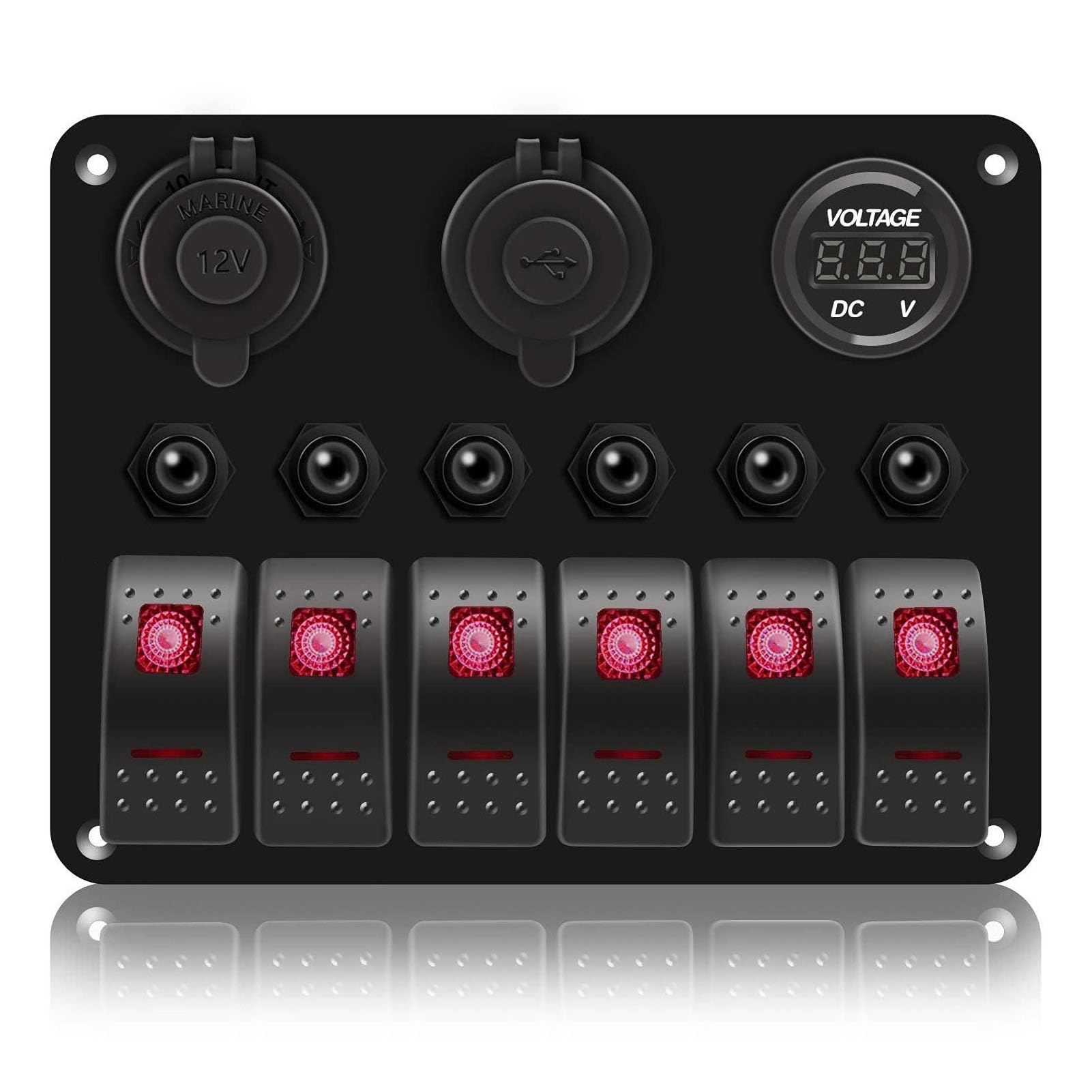 Generic Panel Przełączników Kołyskowych 6-krotny z ładowarką USB i Woltomierzem do łodzi, Pojazdów Kempingowych, SUV-ów, Trwała Konstrukcja ze Stopu Aluminium (Czerwone światło)