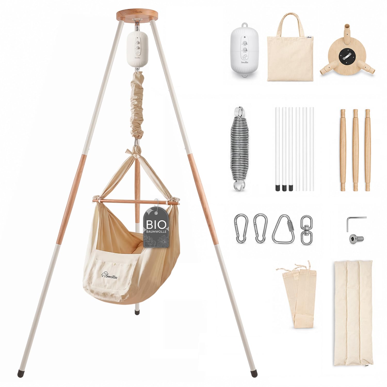 Premium Baby Federwiege mit Motor und Tipi - Federwiegen-Komplettset - Bio-Baumwolle und Matratze aus Schafwolle - ab Geburt bis 15 Kg - Babywiege