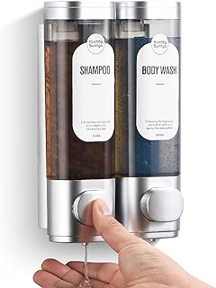 Shampoo and Conditioner Dispenser, Refillabe Shower Soap Dispensers 2 Chamber No Drill Shampoo Dispenser for Shower Wall Mounted 2 * 300ml Container for Bathroom Hotel (Sliver 2 Chamber)