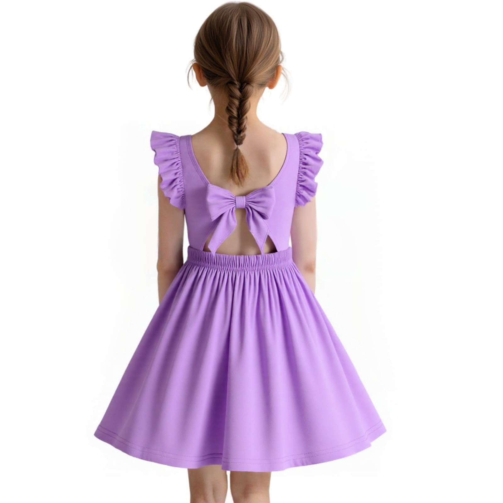 HILEELANG Toddler Girl Open Tie Back Dress Elegant Ruffle Short Flutter Sleeve Cotton Swing Twirly Sundress