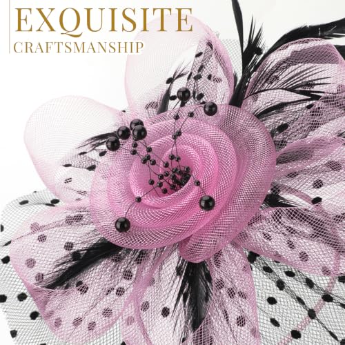 Image of DRESHOW Fascinators Hat Flower Mesh Ribbons Feathers on a Headband and a Clip Tea Party Headwear for Girls and Women