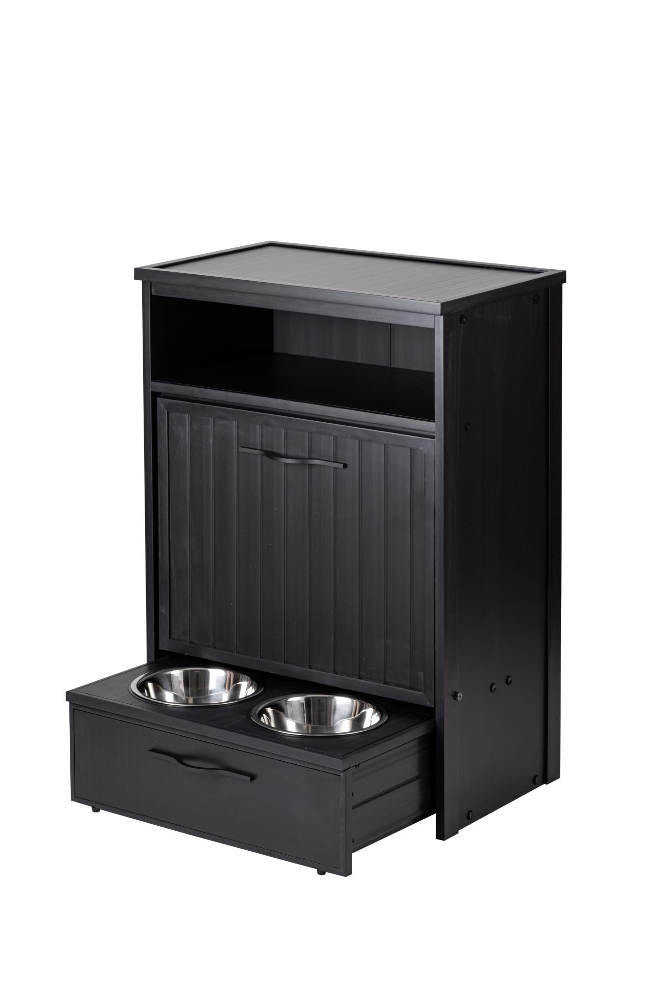FINCA CASAREJO Armario comedero para Mascotas LUISIANA - con cajón para Almacenamiento de pienso - Dos Cuencos de Acero Inoxidable accesibles para Perros y Gatos - 36,4x58,4x83,2cm (Negro)
