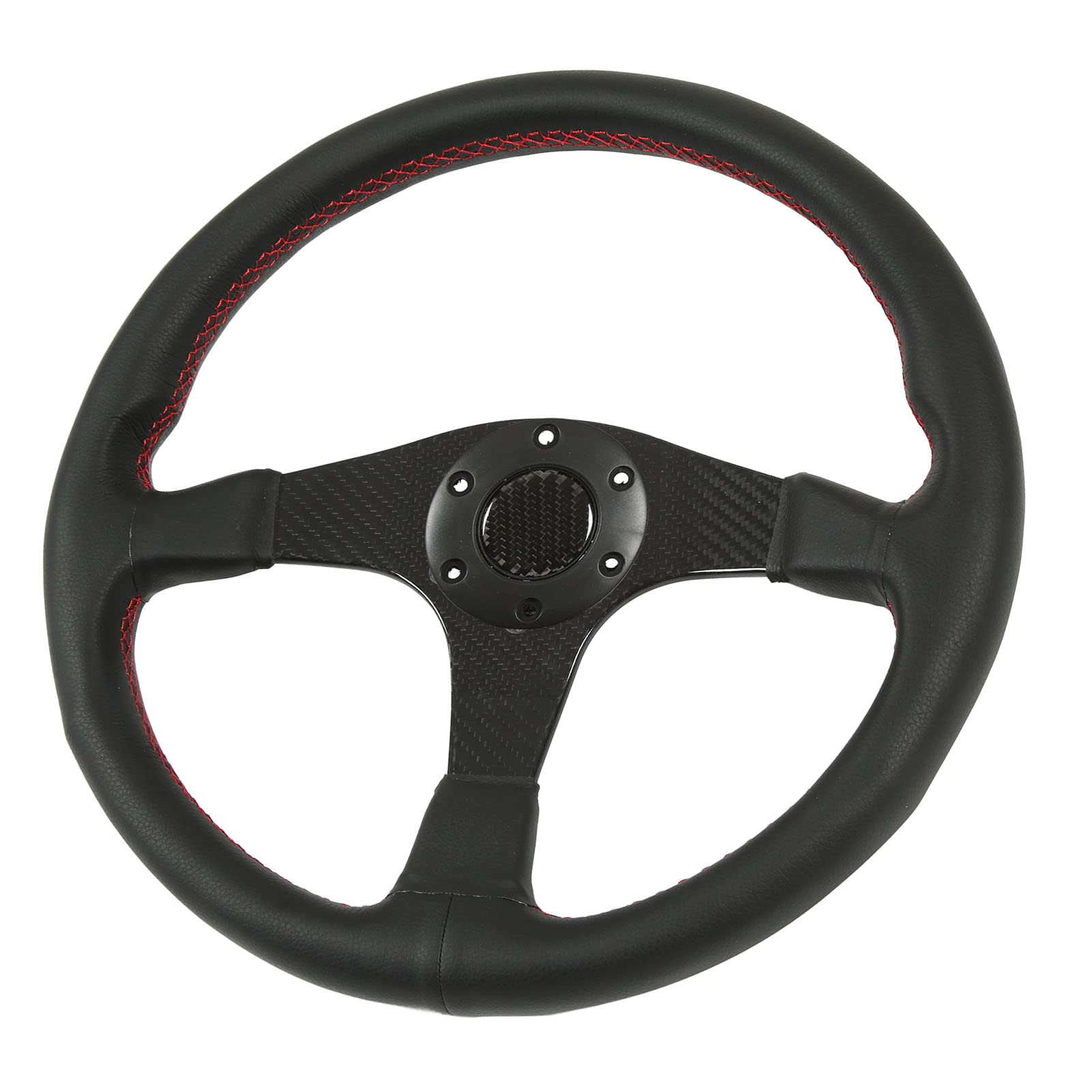 Yosoo Health Gear Kierownica Samochodowa, Kierownica Wyścigowa z Włókna Węglowego 350 Mm ze Skórzanym Uchwytem Czerwone Przeszycia 6 Otworów Uniwersalna dla Kierowców Pojazdów Codzienna Aktualizacja