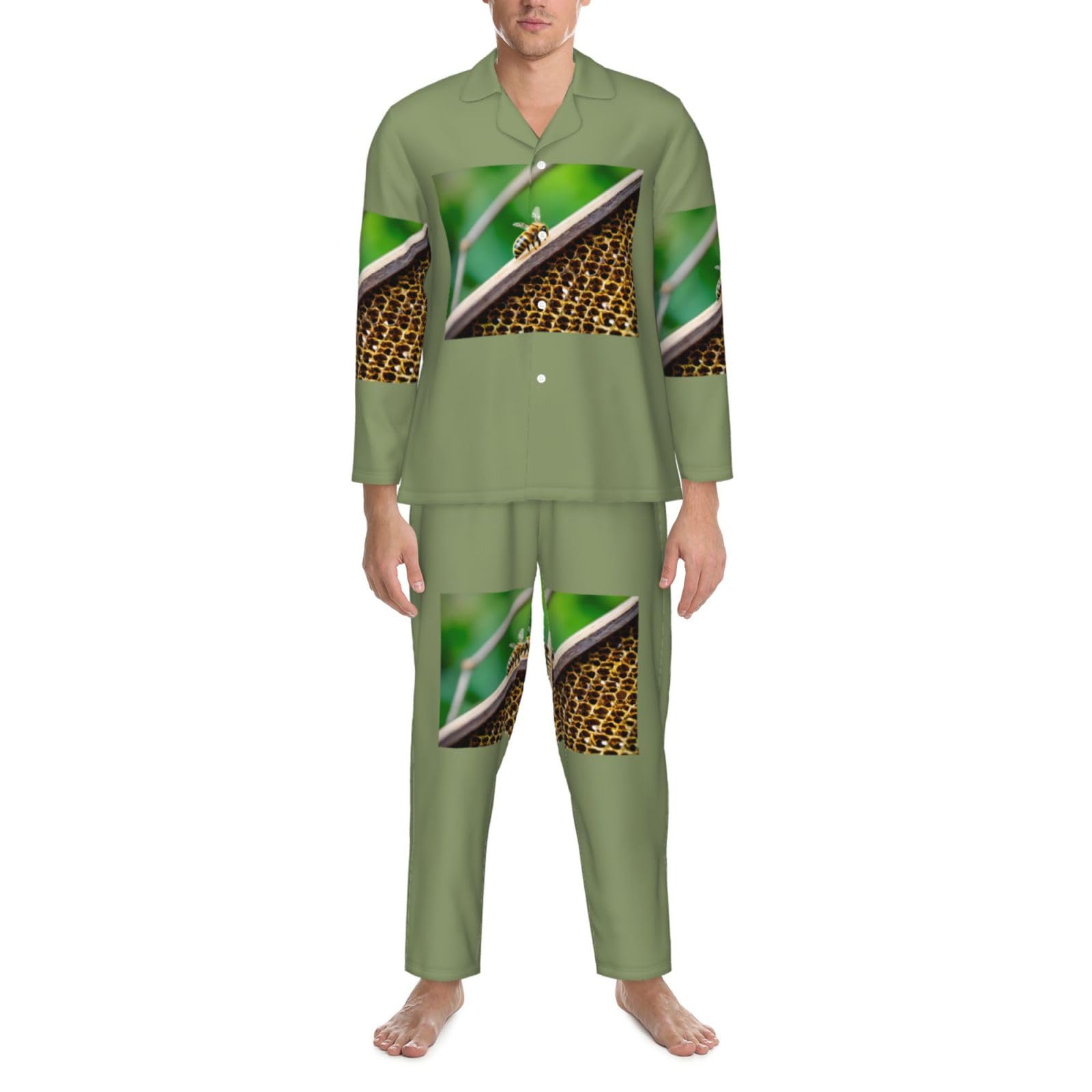 Herren-Pyjama-Set, langärmelig, mit Bienen-Motiv, zweiteilig, Hauskleidung, bequeme Nachtwäsche