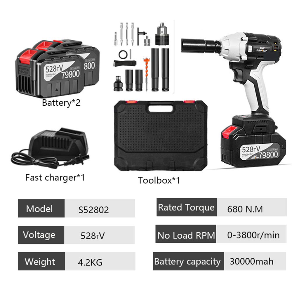Max 980N.m Avvitatore Impatto Elettrico Cacciavite Elettrico a Batteria Presa da 1/2 Pollice + 2 Batterie da 30000 Li Include Accessori Completi