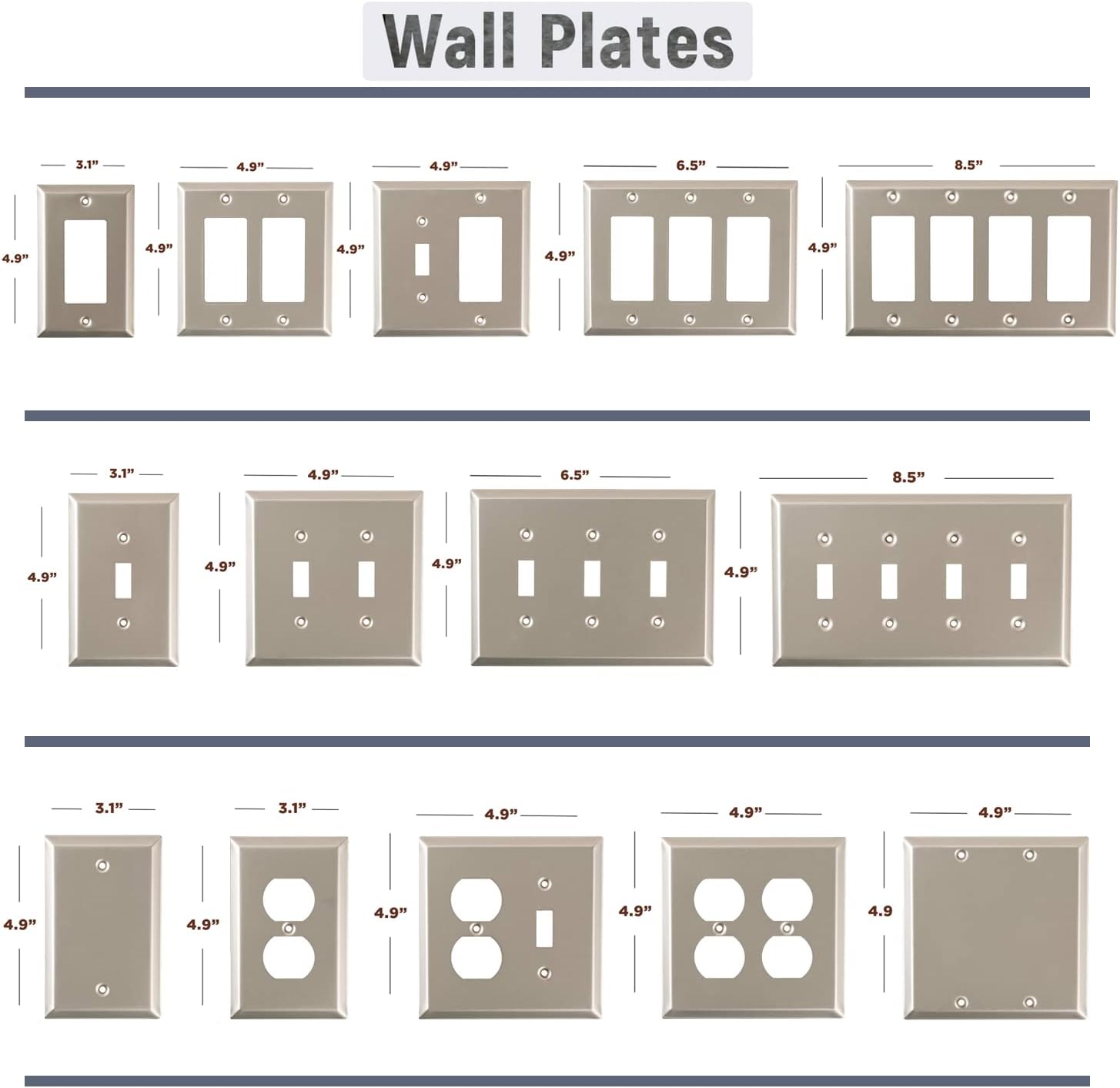 Pack of 2 Wall Plate Outlet Switch Covers by SleekLighting | Decorative Satin Nickel | Variety of Styles: Decorator/Duplex/Toggle & Combo | Size: 2 Gang Duplex