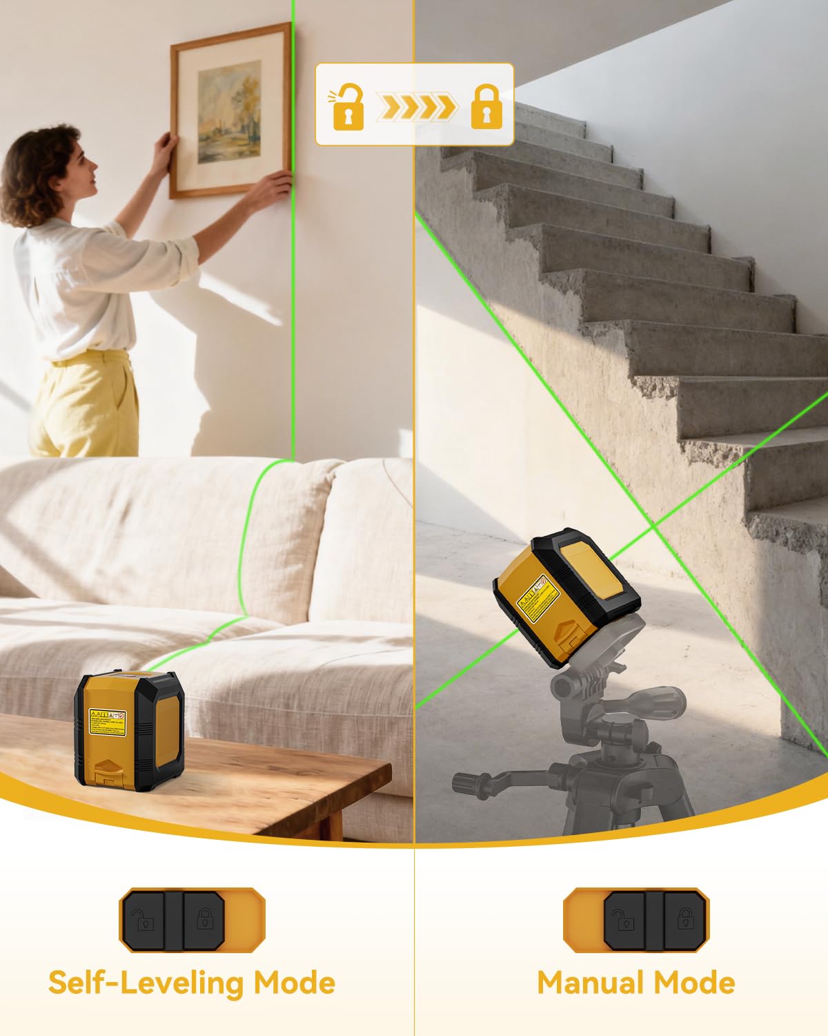 Nikotek Nivel Láser Autonivelante con Tripode haz Verde Láser de Líneas Cruzadas Horizontales y Verticales para Decoración del Hogar Bolsa de Transporte, 2xBatería Incluida