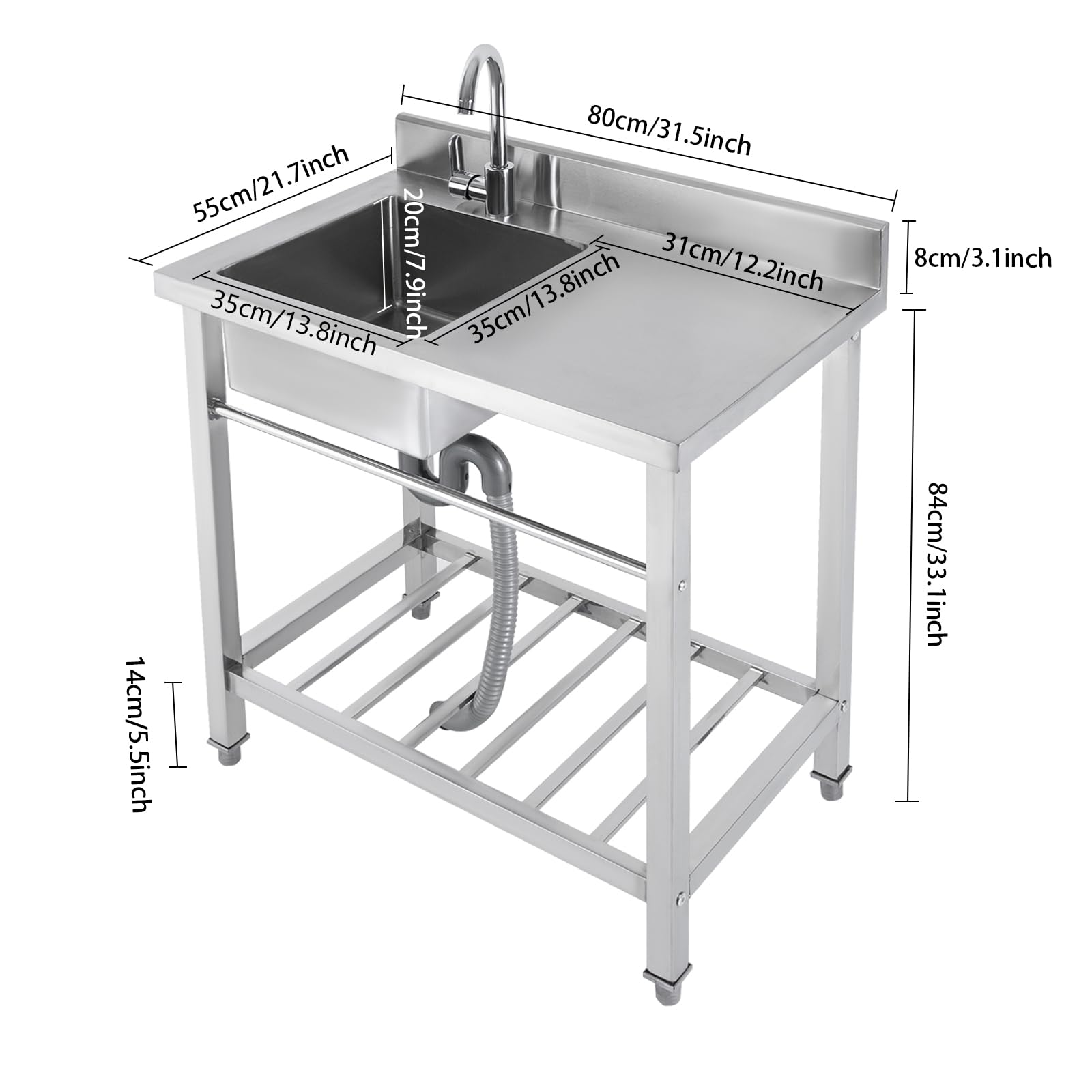 Évier Cuisine sur Pied Évier,Inox Autonome Professionnel avec Robinet Pivotant 360° Étagère et Dosseret Anti-Éclaboussures, Grande Capacité 100kg pour Jardin Garage Restaurant Camping