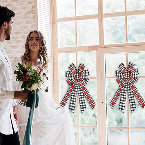 Miniatura 6 de Threetols Arcos grandes para corona del día de San Valentín, lazos de búfalo blanco y negro para puerta delantera, lazos de decoración de corazón