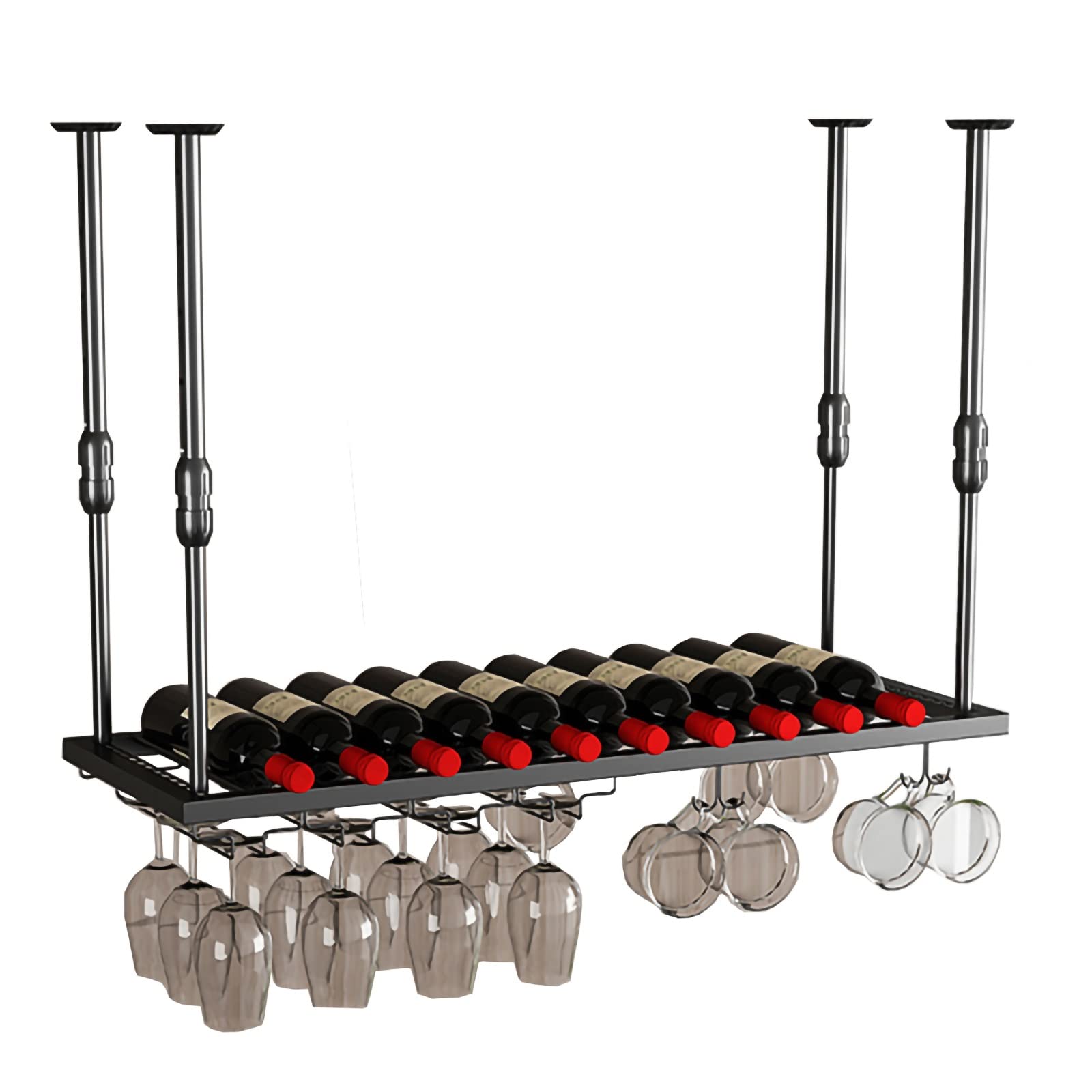 QRBNFRDE Ceiling Wine Rack Hanging Display Wine Storage Holder with Stemware Holder, Adjustable Height Black Wall Mounted Single Layer Wine Bottle Holder,Black-120x30cm