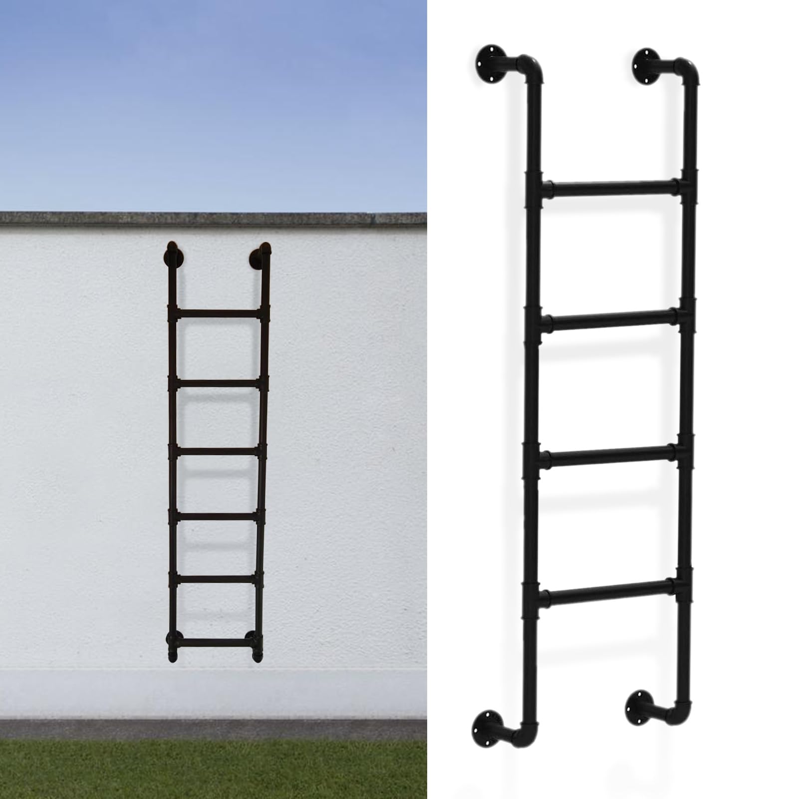 BYFSRUS Black Metal Window Well Escape Ladder WallMounted Bunk Bed Ladder HeavyDuty Forged Iron Steps for Loft Outdoor RV Apartment & Window Access