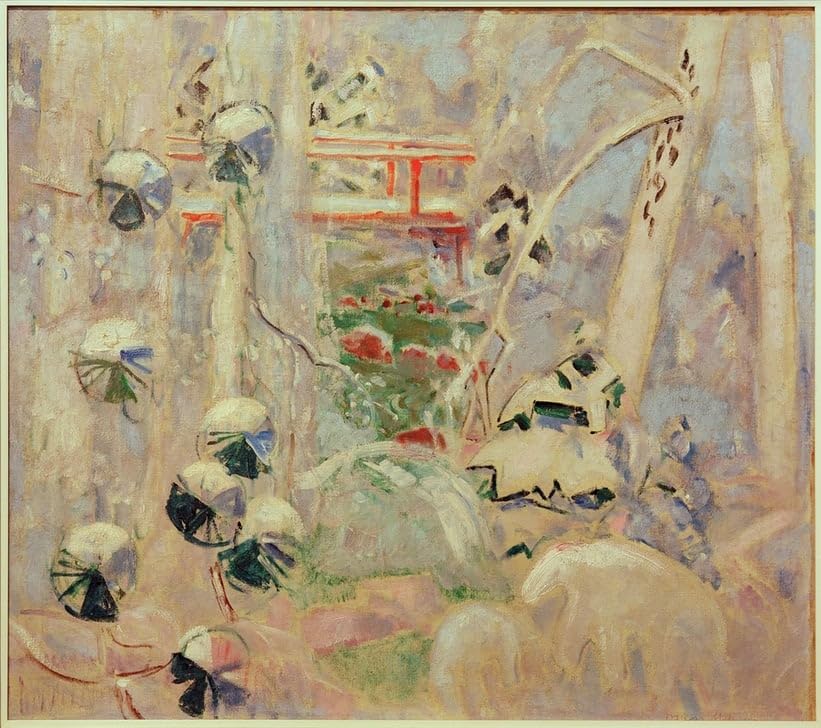 Impression sur toile Oskar Moll paysage enneigé et pont rouge 50x70