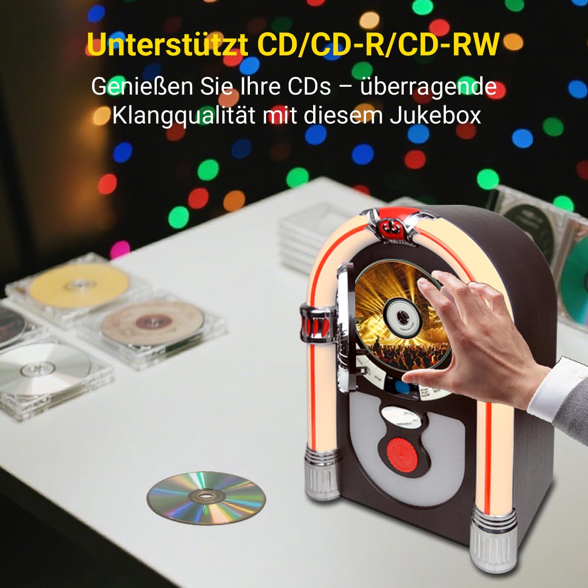 Retro Jukebox Musikbox mit CD-Spieler, Musikanlage Nostalgie Design, Bluetooth, Vintage FM/UKW Radio Wireless für Zuhause, Aux-In Port und Farbwechsel LED Lichter (Braun)