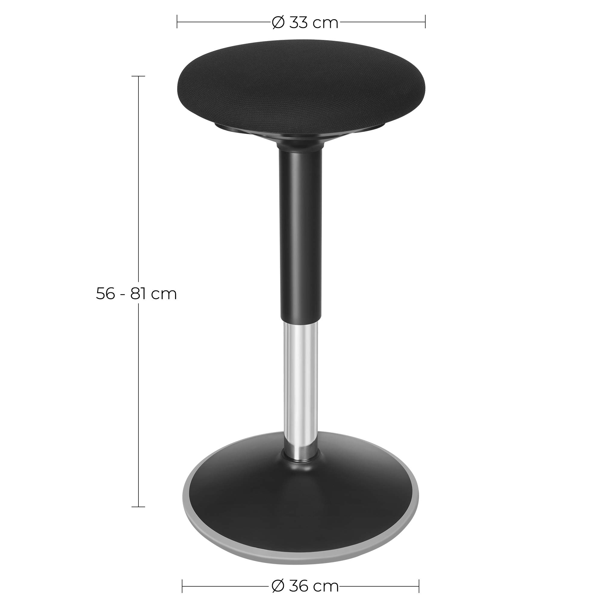 SONGMICS Dynamischer Sitzhocker, Stehhocker, Arbeitssitz, 360 ° drehbar, ergonomisch, höhenverstellbar 56-81 cm, einfache Montage, Schwarz OSC05BK