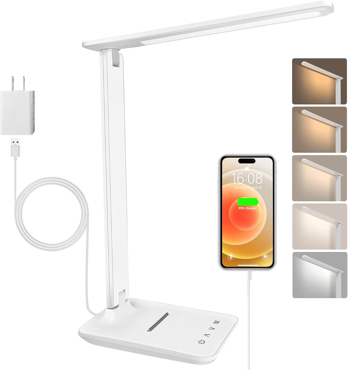 Schreibtischlampe LED Dimmbar Augenschutz,Desk Lamp mit 5 Farben und 5 Helligkeitsstufen,Tischlampemit USB Ladeanschluss Touch Steuerung für Kinder, Schlafzimmer, Lektüre, Büros (White)